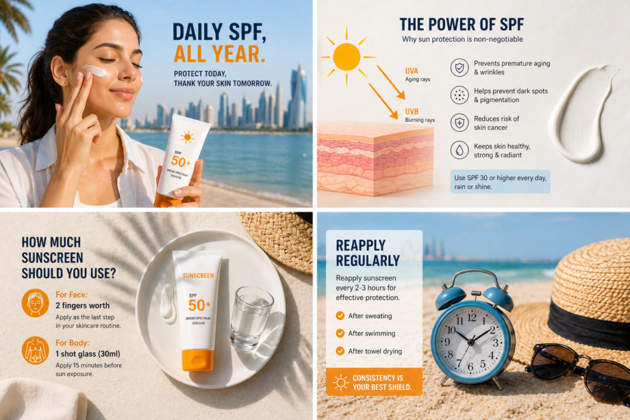 Lightweight sunscreen texture on skin suitable for hot Qatar climate