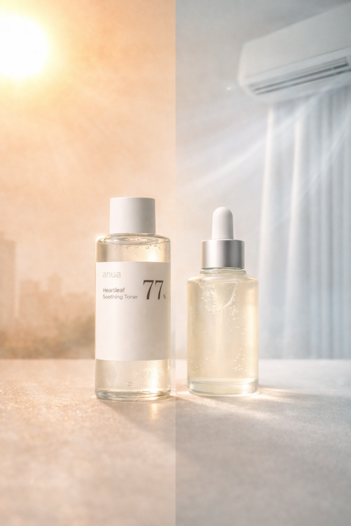 Anua Heartleaf toner being applied on a cotton pad with calming green leaves for sensitive skin in Qatar
