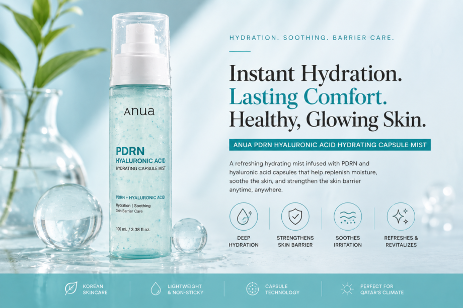 Anua PDRN Hyaluronic Acid Hydrating Capsule Mist displayed in a clean blue skincare setup highlighting hydration, soothing care, and skin barrier support benefits.