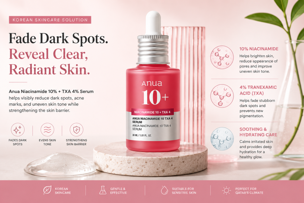 Anua Niacinamide 10% + TXA 4% Serum displayed on a terrazzo podium with soft pink skincare aesthetic, highlighting dark spot correction, skin brightening, and Korean skincare benefits.