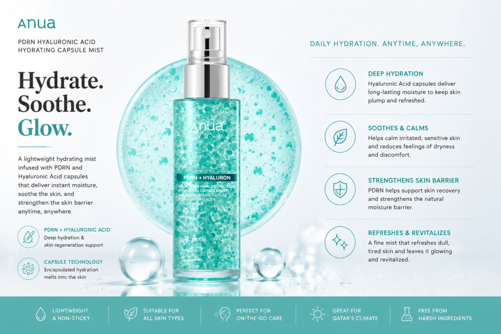 Anua PDRN Hyaluronic Acid Hydrating Capsule Mist product showcase featuring deep hydration, soothing care, and skin barrier support in a clean aqua skincare design.