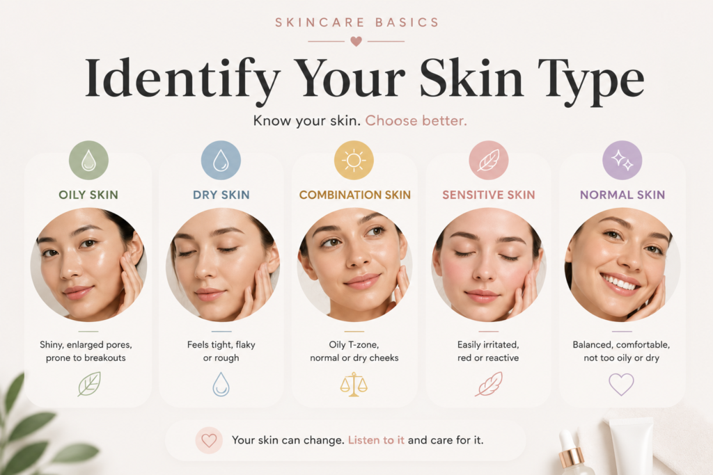 Infographic showing five skin types: oily, dry, combination, sensitive, and normal skin with illustrated facial examples and key characteristics to help identify your skin type for choosing the right skincare products.