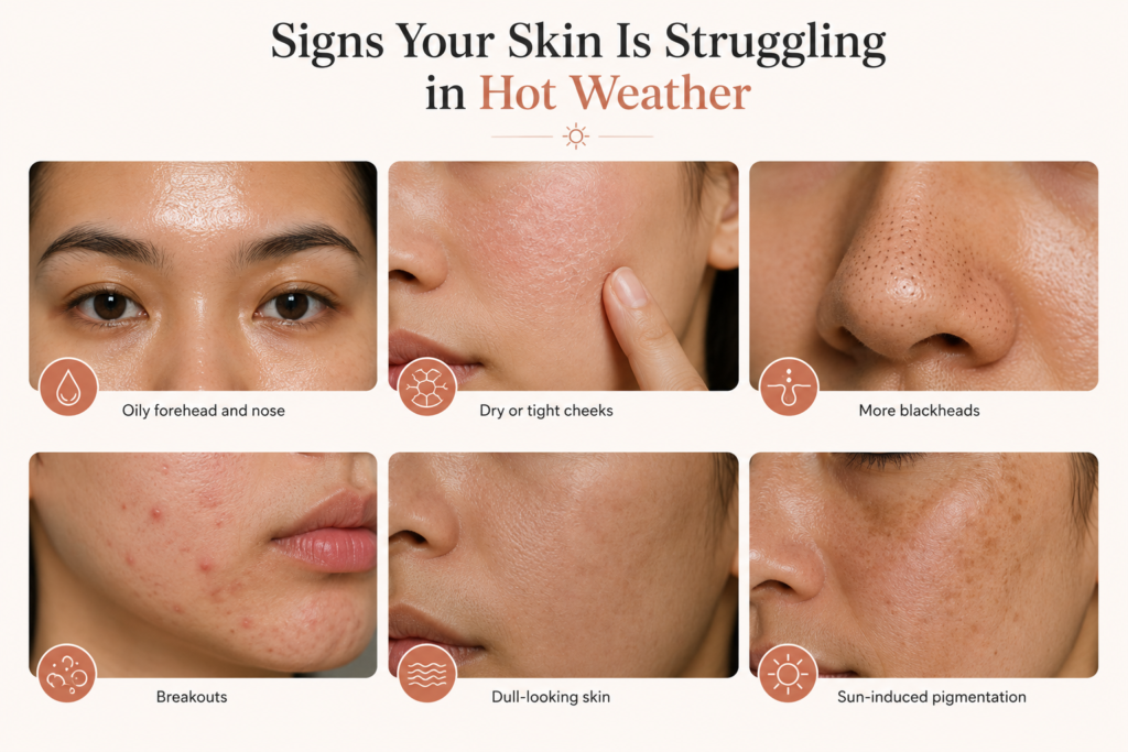 Infographic showing six common skin problems caused by hot weather, including an oily forehead and nose, dry cheeks, blackheads, breakouts, dull-looking skin, and sun-induced pigmentation.