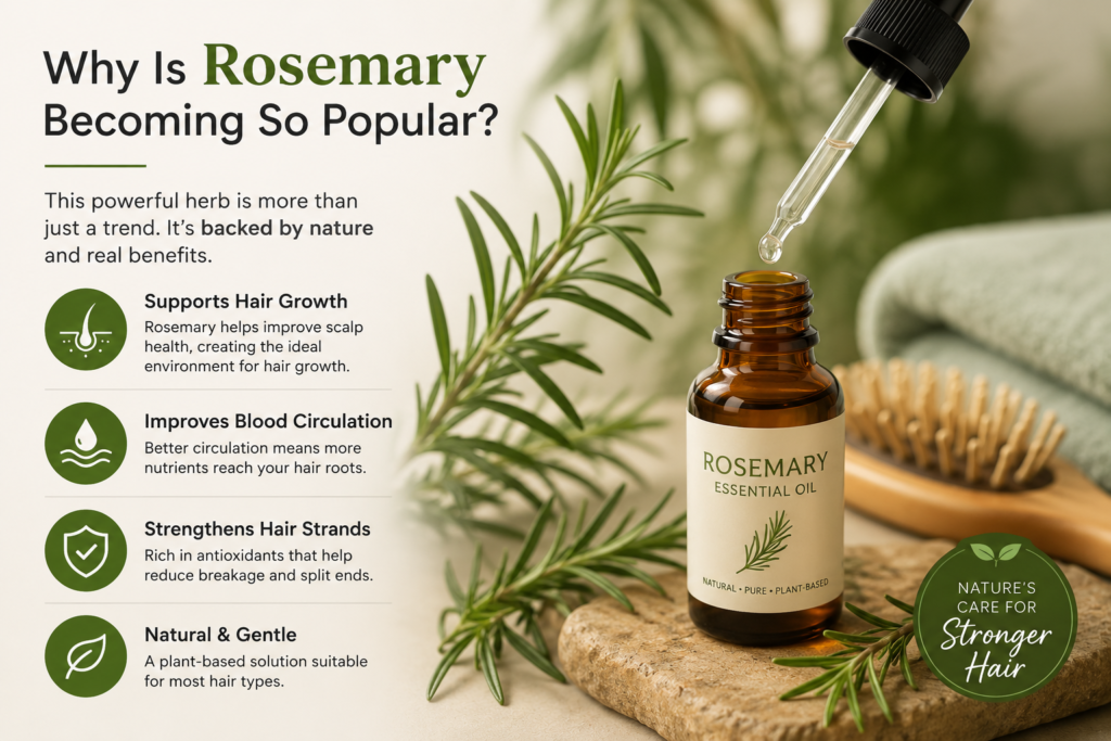 Infographic showing the benefits of rosemary for hair care, highlighting scalp nourishment, improved circulation, stronger hair strands, and support for healthy hair growth.