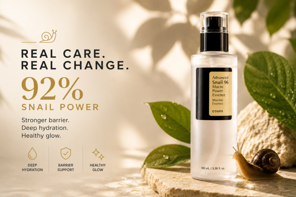 COSRX Advanced Snail 92 All In One Cream with 92% snail secretion filtrate, highlighting deep hydration, skin barrier support, and a healthy, radiant complexion.