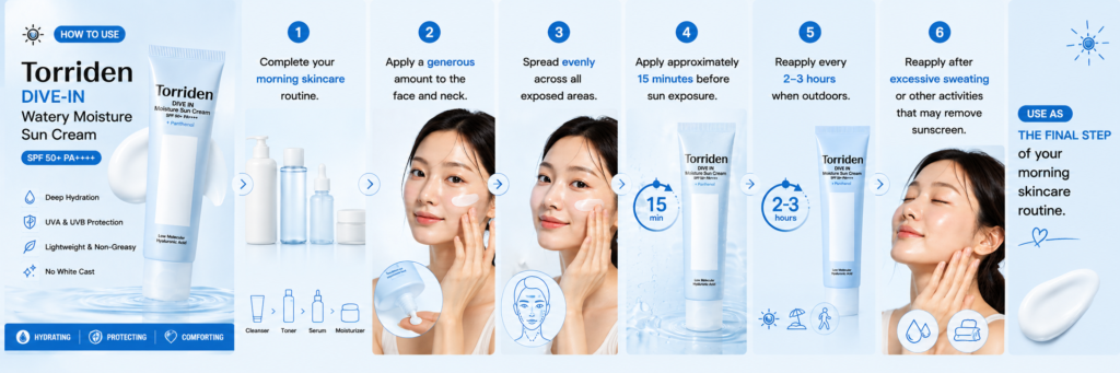 How to Use Torriden DIVE-IN Watery Moisture Sun Cream SPF50+ PA++++ 60ml Qatar 1. Complete your morning skincare routine. 2. Apply a generous amount to the face and neck. 3. Spread evenly across all exposed areas. 4. Apply approximately **15 minutes before sun exposure**. 5. Reapply every **2–3 hours** when outdoors. 6. Reapply after excessive sweating or other activities that may remove sunscreen.