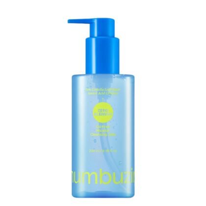 Numbuzin Zero Blemish cleansing oil in a transparent blue bottle with a bright blue pump and lime-green lettering.