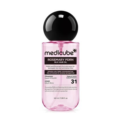 Medicube Rosemary PDRN Silk Hair Oil in a transparent pink bottle with a glossy black spherical cap.