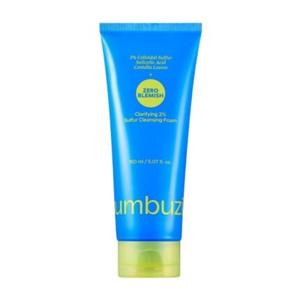 Numbuzin Zero Blemish Clarifying 2% Sulfur Cleansing Foam in a bright blue tube with a lime-green cap.